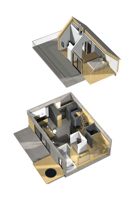 Dossier de presse | 1095-02 - Communiqué de presse | Spahaus et Trihaus : l’architecture contemporaine se démocratise en nature - Fraternité-sur-Lac & YH2 - Immobilier - SPAHAUS - 3D VIEW - 2 NIVEAUX&nbsp; - Crédit photo : YH2 Architecture