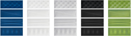 Press kit | 1606-01 - Press release | A new tile collection inspired by the Pop Art of Roy Lichtenstein - Ceratec - Product -    10 vibrant colors available in 4 decorative textures. From left to right: Cool F, Cool W, Cool G, Cool N &amp; Cool V    - Photo credit: POP series by Ceratec