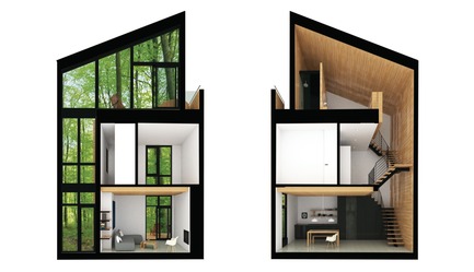 Dossier de presse | 1095-02 - Communiqué de presse | Spahaus et Trihaus : l’architecture contemporaine se démocratise en nature - Fraternité-sur-Lac & YH2 - Immobilier - TRIHAUS - VUE 3D - COUPE - Crédit photo : YH2 Architecture