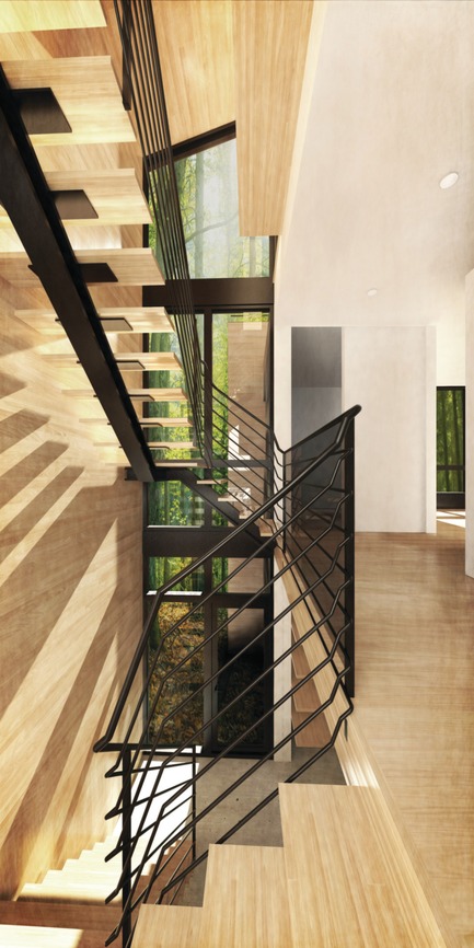 Dossier de presse | 1095-02 - Communiqué de presse | Spahaus et Trihaus : l’architecture contemporaine se démocratise en nature - Fraternité-sur-Lac & YH2 - Immobilier -  TRIHAUS - 3D ESCALIER  - Crédit photo :  YH2 Architecture 