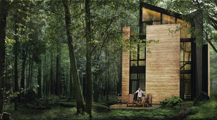 Dossier de presse | 1095-02 - Communiqué de presse | Spahaus et Trihaus : l’architecture contemporaine se démocratise en nature - Fraternité-sur-Lac & YH2 - Immobilier - TRIHAUS - 3D VUE EXTÉRIEURE - Crédit photo : YH2 Architecture