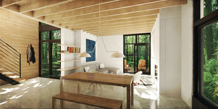 Dossier de presse | 1095-02 - Communiqué de presse | Spahaus et Trihaus : l’architecture contemporaine se démocratise en nature - Fraternité-sur-Lac & YH2 - Immobilier - TRIHAUS - 3D SALLE À DINER ET SÉJOUR - Crédit photo : YH2 Architecture