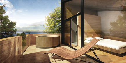 Dossier de presse | 1095-02 - Communiqué de presse | Spahaus et Trihaus : l’architecture contemporaine se démocratise en nature - Fraternité-sur-Lac & YH2 - Immobilier -  TRIHAUS - 3D TERRASSE AVEC SPA  - Crédit photo : YH2 Architecture