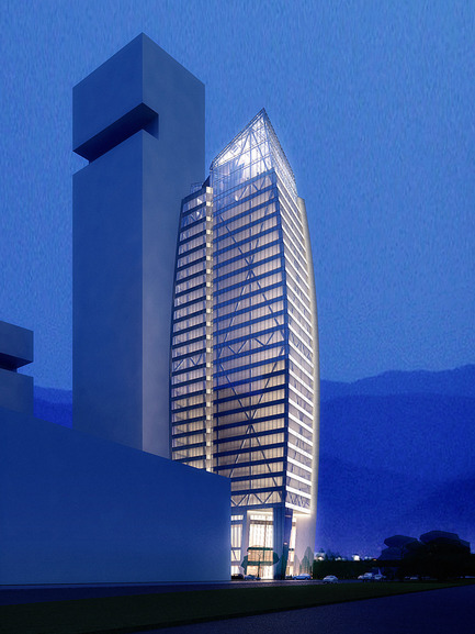 Dossier de presse | 1204-04 - Communiqué de presse | Shenzhen tower design unveiled - Pei Cobb Freed & Partners - Architecture commerciale - Dusk view from northeast - Crédit photo : Pei Cobb Freed &amp; Partners