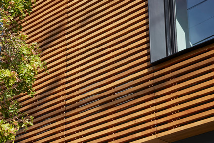 Dossier de presse | 1733-02 - Communiqué de presse | Noe Residence - Studio VARA - Architecture résidentielle -   Refined wood slats reinterpret the adjacent trees . - Crédit photo : Bruce Damonte