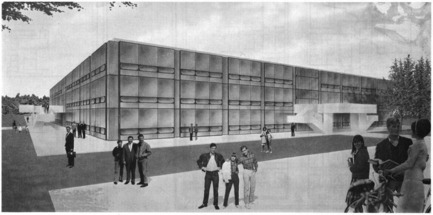 Press kit | 748-25 - Press release | The work of architectural firm Papineau Gérin-Lajoie LeBlanc at the UQAM Centre de Design - Centre de design de l'UQAM - Event + Exhibition - Cultural Center of Cité des Jeunes at Vaudreuil /&nbsp;Anonymous, «&nbsp;Visit to the construction site " Coeur de la cité " », L'écho de Vaudreuil-Soulanges, September 21, 1966, p. 8-9. - Photo credit: &nbsp;BAnQ- Fonds PGL Architectes : 06M_P193S1, contenant 12