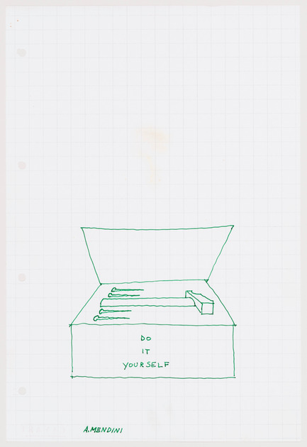 Dossier de presse | 756-11 - Communiqué de presse | "L'architecte, autrement" - Centre Canadien d’Architecture (CCA) - Évènement + Exposition - Dessin improvisé ( « D.I.Y. tool box » ) fait par Alessandro Mendini lors<br>du séminaire Sambuca, 2 novembre 1974. Global Tools. Archivio Piero<br>Brombin e Valerio Tridenti - Crédit photo : © Alessandro Mendini