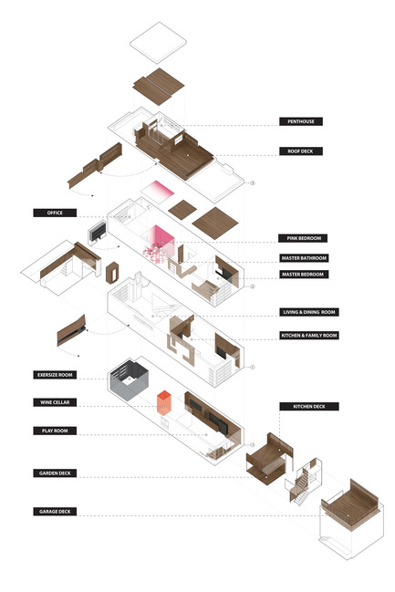 Press kit | 1900-01 - Press release | Bucktown Residence - Min|Day - Residential Architecture - Exploded axonometric showing all interior rooms and exterior decks. - Photo credit: Min | Day