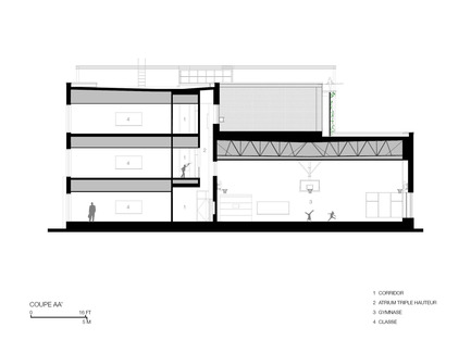 Dossier de presse | 752-03 - Communiqué de presse | Une jeune funambule de bronze... accueille les écoliers de Parc-Extension - NFOE et associés architectes - Architecture institutionnelle - Coupe - Crédit photo : NFOE et associés architectes