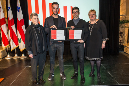 Press kit | 562-62 - Press release | The Young Architectural Firm Of Pelletier de Fontenay Wins The 2015 Phyllis Lambert Grant - Bureau du design - Ville de Montréal - Competition - Ms&nbsp;Phyllis Lambert, Canadian Centre for Architecture (CCA), Mr.Yves de Fontenay, architect, studio Pelletier de Fontenay, 2015 Phyllis Lambert Grant winner, Mr. Hubert Pelletier, architect, studio Pelletier de Fontenay, 2015 Phyllis Lambert Grant winner; Ms. Chantal Rossi, Ville de Montréal - Photo credit: Denis Labine