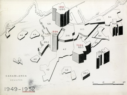 Dossier de presse | 756-06 - Communiqué de presse | Le CCA présente comment les architectes, les experts, les politiciens, les agences internationales et les citoyens négocient l’urbanisme moderne : Casablanca Chandigarh - Centre Canadien d’Architecture (CCA) - Évènement + Exposition - Service de l'urbanismePopulation densities in the different neighbourhoods of Casablancac. 1950Photothèque, École Nationale d’Architecture de Rabat, MoroccoService de l'urbanismeDensité de population dans les différents quartiers de Casablancavers 1950Photothèque, École Nationale d’Architecture de Rabat, Maroc - Crédit photo : Photothèque, École Nationale d’Architecture de Rabat, Maroc
