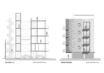 Dossier de presse | 1825-01 - Communiqué de presse | Just Be Apartments - Arqmov Workshop - Architecture résidentielle -  Section &amp; Main Façade  - Crédit photo : arqmov workshop