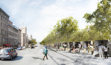 Dossier de presse | 801-07 - Communiqué de presse | Legs du 375e anniversaire de Montréal dans Ville-Marie : Une place Jacques-Cartier encore plus accueillante - Arrondissement de Ville-Marie - Design urbain - Le long de la rue de la Commune sera aménagée une nouvelle placette dans le prolongement de la place Jacques-Cartier. Sous la canopée des arbres, seront installés les kiosques d'artistes et artisans. - Crédit photo :  Atelier VAP, Ville Architecture Paysage 