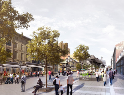 Dossier de presse | 801-07 - Communiqué de presse | Legs du 375e anniversaire de Montréal dans Ville-Marie : Une place Jacques-Cartier encore plus accueillante - Arrondissement de Ville-Marie - Design urbain - Les terrasses seront ceinturées par des parois transparentes et surplombées par des auvents rétractables. - Crédit photo :  Atelier VAP, Ville Architecture Paysage 
