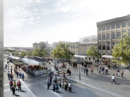 Dossier de presse | 801-07 - Communiqué de presse | Legs du 375e anniversaire de Montréal dans Ville-Marie : Une place Jacques-Cartier encore plus accueillante - Arrondissement de Ville-Marie - Design urbain - Des terrasses avec toiture de zinc, rappelant à la fois les anciens étals et la forme de toit d'un bâtiment de marché, seront installées en contre-allée. Une promenade sera aménagée au centre de la place. - Crédit photo :  Atelier VAP, Ville Architecture Paysage 