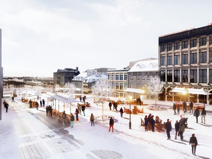 Dossier de presse | 801-07 - Communiqué de presse | Legs du 375e anniversaire de Montréal dans Ville-Marie : Une place Jacques-Cartier encore plus accueillante - Arrondissement de Ville-Marie - Design urbain - En hiver, certaines structures pourront être installées, afin de permettre que l'activité sur la place se poursuive durant la période hivernale : marché de Noël, vente de vin chaud, etc. - Crédit photo :  Atelier VAP, Ville Architecture Paysage 