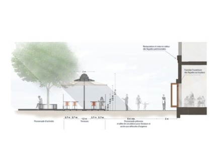 Dossier de presse | 801-07 - Communiqué de presse | Legs du 375e anniversaire de Montréal dans Ville-Marie : Une place Jacques-Cartier encore plus accueillante - Arrondissement de Ville-Marie - Design urbain - Installation des terrasses en contre-allée.&nbsp; - Crédit photo :  Atelier VAP, Ville Architecture Paysage 