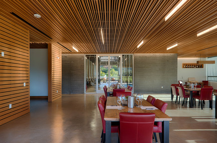 Press kit | 2039-01 - Press release | Titus Vineyards - MH Architects - Industrial Architecture -     The suspending ceiling of the Hospitality Room is comprised of long horizontal slats of varied widths and depths with a view of the Fermentation Room through the glass wall beyond. &nbsp;Glass blade LED light fixtures hang between the slats in a staggered composition. &nbsp;The slatted ceiling mitigates acoustical resonance and allows for flexible ventilation.    - Photo credit:  Technical Imagery Studios  