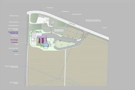 Press kit | 2039-01 - Press release | Titus Vineyards - MH Architects - Industrial Architecture -      The site plan demonstrates that the building location was determined by a variety of local constraints including the Napa River flood boundary line to the West, Silverado Trail to the East, historic structures on the property, and traffic considerations associated with the nearby blind curve. &nbsp;The building was raised on an earthen berm to mitigate flood risk from the nearby Napa River. &nbsp;<br>     - Photo credit:  MH Architects 