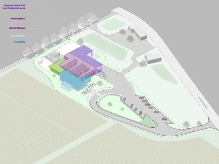 Press kit | 2039-01 - Press release | Titus Vineyards - MH Architects - Industrial Architecture - The 3D-view of the Titus Winery project site depicts all the major project components including the Covered Crush Pad, Production Area, Fermentation, Barrel Storage Room, Administration, and Hospitality Room.&nbsp;     - Photo credit:  MH Architects 