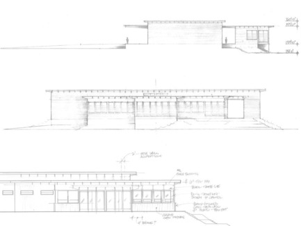 Press kit | 2039-01 - Press release | Titus Vineyards - MH Architects - Industrial Architecture -   Early exterior elevation hand-sketches describing a balanced composition of varied-height, layered horizontal roof planes. &nbsp;The building was raised on an earthen berm to mitigate flood risk from the nearby Napa River.&nbsp;Exterior materials include cedar soffits, concrete board-form tilt-up walls, gunmetal blue panels above windows, and anodized aluminum window frames.&nbsp;   - Photo credit: MH Architects&nbsp;