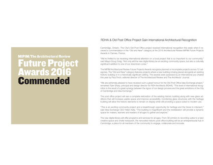 Press kit | 1070-02 - Press release | Old Post Office Idea Exchange - RDH Architects - Institutional Architecture - Architectural Review Future Project Awards Commendation - Photo credit: Architectural Review MIPIM Future Projects Awards &amp; EMAP