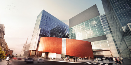 Dossier de presse | 1023-02 - Communiqué de presse | L’exposition biennale Le Montréal du futur® - édition 2016 - Le Montréal du futur - Immobilier - Vue du nouveau grand complexe CHUM (Centre hospitalier de l'Université de Montréal) en construction sur la rue St-Denis au sud du boulevard René-Lévesque au centre-ville de Montréal - Crédit photo : CHUM