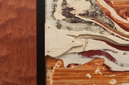 Dossier de presse | 746-04 - Communiqué de presse | L’écho des éléments - Yechel Gagnon - Art - 
L'écho des éléments (detail), 2013<br>carved custom-made plywood (Spruce, tulipwood, bloodwood, bubinga &amp; tinted veneers) 
 - Crédit photo : Richard-Max Tremblay