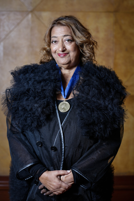 Press kit | 2072-01 - Press release | Zaha Hadid1950­-2016 - Zaha Hadid Architects - Event + Exhibition - Zaha Hadid wearing the Royal Gold Medal - Photo credit: Sophie Mutevelian