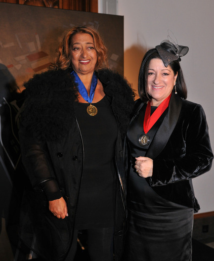 Press kit | 2072-01 - Press release | Zaha Hadid1950­-2016 - Zaha Hadid Architects - Event + Exhibition - Zaha Hadid wearing the Royal Gold Medal - Photo credit: Philip Vile_VIL
