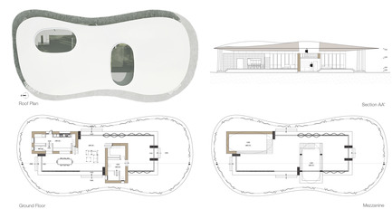 Dossier de presse | 1136-02 - Communiqué de presse | Residence-Atelier-Foundation, Marrakech, Maroc - Philippe Barriere Collective (PB+Co) - Architecture résidentielle - Plan, section, roof plan. - Crédit photo : Philippe Barriere Collective (PB+Co)