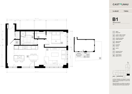 Dossier de presse | 2056-02 - Communiqué de presse | Pelletée de terre Castelnau Phase IV: une construction qui marque la fin d’un chapitre - DevMcGill - Évènement + Exposition -  Plan condo type B1 - 1 chambre  - Crédit photo : DevMcGill