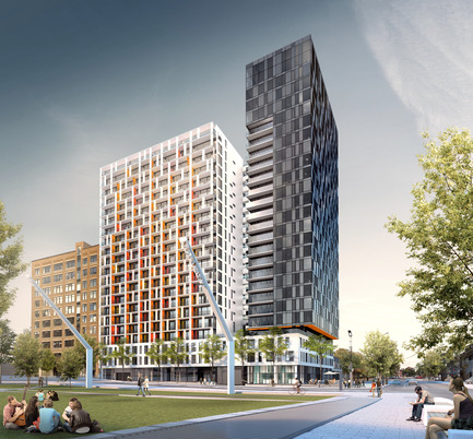 Dossier de presse | 916-04 - Communiqué de presse | Dévoilement du Laurent & Clark - Menkès Shooner Dagenais LeTourneux Architectes - Architecture résidentielle - Façade rue Clark - Crédit photo :  Menkès Shooner Dagenais LeTourneux Architectes 