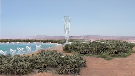 Dossier de presse | 1136-03 - Communiqué de presse | Al Ain Oasis World Class Medical Clinic with Bungalows Residence - Philippe Barriere Collective (PB+Co) - Architecture institutionnelle -  Overlooking Al Ain Lake and the oasis surroundings the tower rests to the ground on pilotis which minimizes impacts on coast line. Likewise, offshore bungalows frees the littoral from construction.&nbsp;&nbsp; - Crédit photo : Philippe Barriere Collective (PB+Co)