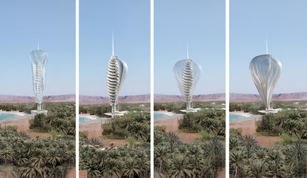 Dossier de presse | 1136-03 - Communiqué de presse | Al Ain Oasis World Class Medical Clinic with Bungalows Residence - Philippe Barriere Collective (PB+Co) - Architecture institutionnelle -  Early version using the concept of a spinnaker (3 images right),&nbsp;For practical reasons a parachute covering an insufflated balloon was easier to control under wind storm and to manage since it has a constant position throughout the day (Iimage left). - Crédit photo : Philippe Barriere Collective (PB+Co)