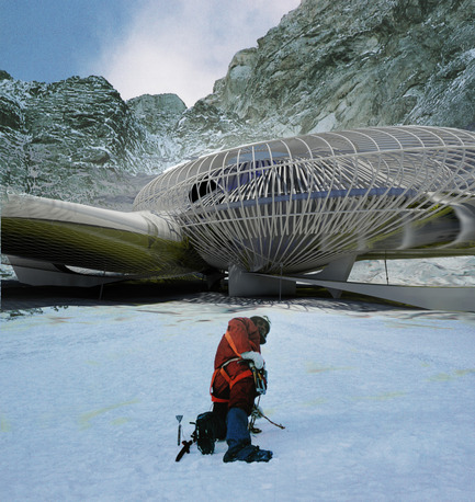 Press kit | 2121-01 - Press release | Artificial SnowCave Emergency Shelter - Margot Krasojević Architects - Commercial Architecture - Exterior perspective. Rope shelter partly deconstructed - Photo credit: Margot Krasojević