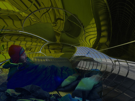 Press kit | 2121-01 - Press release | Artificial SnowCave Emergency Shelter - Margot Krasojević Architects - Commercial Architecture - Sleeping pods, Cell like modules within the rope structure contain holographic filtered sleeping quarters - Photo credit: Margot Krasojević