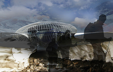 Press kit | 2121-01 - Press release | Artificial SnowCave Emergency Shelter - Margot Krasojević Architects - Commercial Architecture - Entrance tunnel, Silicium painted carbon fibre mesh produces an electric current from direct natural light, this energy is forced through the electrical resistance wire embedded within the mesh structure, - Photo credit: Margot Krasojević