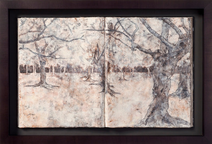 Press kit | 1094-01 - Press release | Solo exposition - L'écorce du temps - Alexandre Masino - Event + Exhibition - Entre ciel et terre (Ehon), 2013Encaustique et fusain sur livre monté sur panneau / Encaustic and charcoal on book on panel, 14.25” x 22.75” / 36 x 58cm - Photo credit: Richard-Max Tremblay