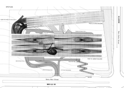 Dossier de presse | 756-12 - Communiqué de presse | Le CCA présenteArchéologie du numérique : complexité et convention - Centre Canadien d’Architecture (CCA) - Évènement + Exposition - Reiser + Umemoto, Kansai National Diet Library (concours): plan du site, 1997. Documents d’archives RUR Architecture, Centre Canadien d’Architecture, Montréal. <br> - Crédit photo : Don de RUR Architecture. © RUR Architecture<br>