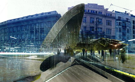 Press kit | 2121-02 - Press release | Piezoelectric Trolleybus Gardens - Margot Krasojević Architects - Industrial Architecture - piezoelectric crystals embedded within trolleybus terminal shell generate electricity when raining and with trolleybus kinetic &nbsp;movements - Photo credit: Margot Krasojević