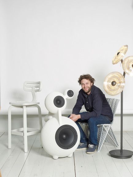 Press kit | 2158-18 - Press release | IDS Vancouver Goes Dutch on Design with Eindhoven - Interior Design Show Vancouver (IDS Vancouver) - Event + Exhibition - Dirk Vander Kooij sits on Endless Chair, next to Snowmen Speaker, Sunflower Lamp and Chubby Chair&nbsp; - Photo credit: Image Courtesy of Dirk Vander Kooij