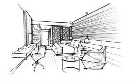 Dossier de presse | 2177-01 - Communiqué de presse | Atelier Pod signe les chambres d'hôtel du nouveau Radisson Blu à Marrakech - Atelier Pod - Design d’intérieur commercial - Radisson Blu Marrakech_Sketch perspective - Crédit photo : Atelier Pod