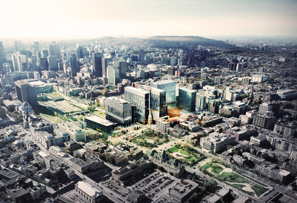 Dossier de presse | 1387-01 - Communiqué de presse | CannonDesign + NEUF architect(e)s dévoile le nouveau CHUM de Montréal, le plus grand projet hospitalier en Amérique du Nord - CannonDesign + NEUF architect(e)s - Architecture institutionnelle -         Le Nouveau CHUM dans son contexte urbain       - Crédit photo :   CannonDesign + NEUF architect(e)s  
