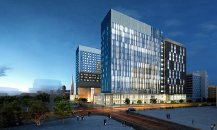 Dossier de presse | 1387-01 - Communiqué de presse | CannonDesign + NEUF architect(e)s dévoile le nouveau CHUM de Montréal, le plus grand projet hospitalier en Amérique du Nord - CannonDesign + NEUF architect(e)s - Architecture institutionnelle - Perspective nocturne de l’intersection St-Denis et René-Lévesque - Crédit photo : CannonDesign + NEUF architect(e)s
