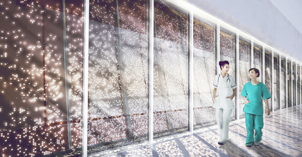 Dossier de presse | 1387-01 - Communiqué de presse | CannonDesign + NEUF architect(e)s dévoile le nouveau CHUM de Montréal, le plus grand projet hospitalier en Amérique du Nord - CannonDesign + NEUF architect(e)s - Architecture institutionnelle -         Intérieur de la   passerelle       - Crédit photo : CannonDesign + NEUF architect(e)s