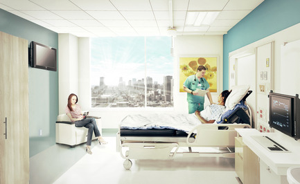 Dossier de presse | 1387-01 - Communiqué de presse | CannonDesign + NEUF architect(e)s dévoile le nouveau CHUM de Montréal, le plus grand projet hospitalier en Amérique du Nord - CannonDesign + NEUF architect(e)s - Architecture institutionnelle - Chambre de patient - Crédit photo : CannonDesign + NEUF architect(e)s