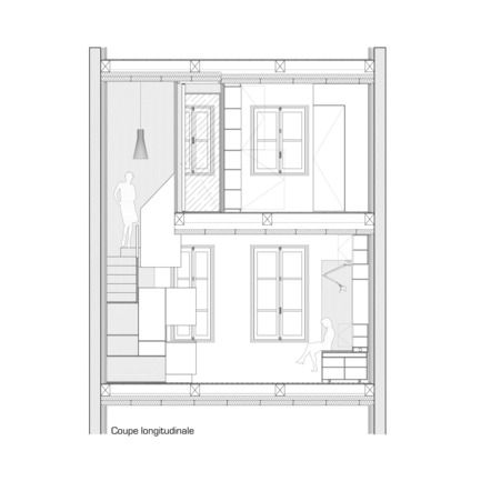 Dossier de presse | 2180-01 - Communiqué de presse | Un grand PETIT nid - Mickaël Martins Afonso & L'atelier miel - Design d’intérieur résidentiel -  Coupe longitudinale<br>  - Crédit photo : Mickaël Martins Afonso &amp; L'atelier miel<br>