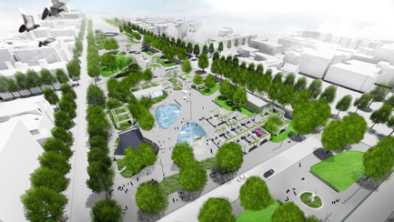 Dossier de presse | 2191-01 - Communiqué de presse | Mise en valeur du square Viger : paysage hybride ancré dans son patrimoine bâti et artistique - Ville de Montréal et NIPPAYSAGE - Architecture de paysage -   Vue d'ensemble du grand square avec ses quatre îlots   - Crédit photo : NIPPAYSAGE