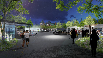 Dossier de presse | 2191-01 - Communiqué de presse | Mise en valeur du square Viger : paysage hybride ancré dans son patrimoine bâti et artistique - Ville de Montréal et NIPPAYSAGE - Architecture de paysage -    Entrée du site, ambiance nocturne - rue Saint-Denis / avenue Viger&nbsp; <br>(îlot Daudelin)    - Crédit photo : NIPPAYSAGE